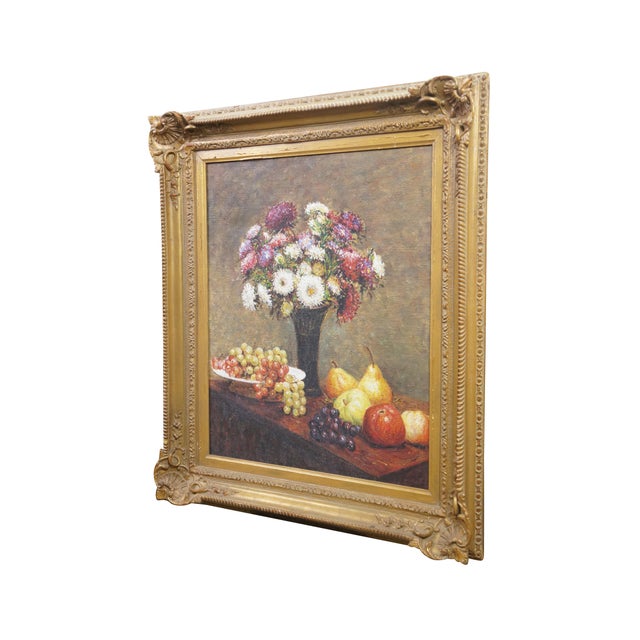 Realism Late 20th Century Asters and Fruit on a Table Oil Painting on Canvas After Henri Fantin Latour 31" For Sale - Image 3 of 10