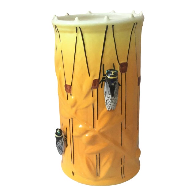 1950s French Country Majolica Drum Vase With Cicadas Sicard For Sale