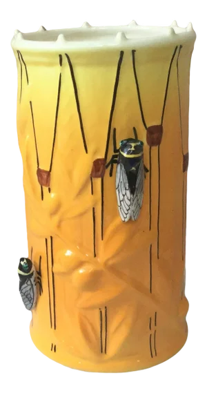 1950s French Country Majolica Drum Vase With Cicadas Sicard