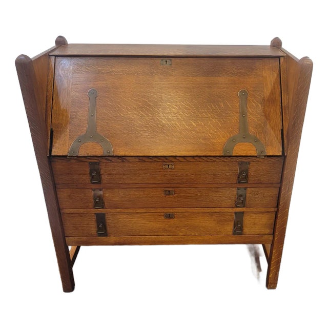 Mission Arts & Crafts Charles Limbert Strap-Hinge Three Drawer Drop Front Desk C .1910 Rare For Sale