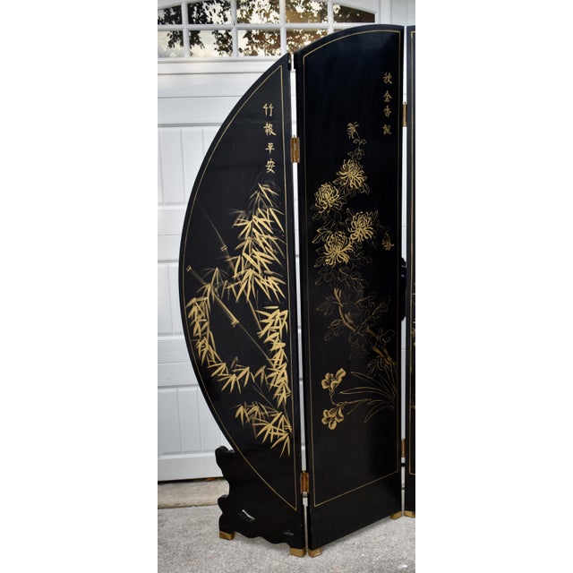 4 Panel Room Divider Vintage Chinese Coromandel Round Screen Black Lacquer For Sale - Image 16 of 16