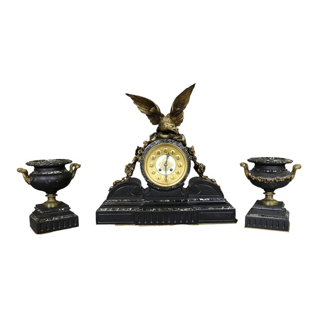 Beautiful Quality Marble and Bronze Signed Three Piece 1920s Era Clock Set For Sale