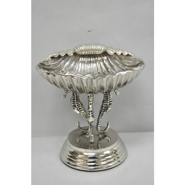 Nautical Contemporary Decorative Nautical Silver Plated Seahorse Clamshell Pedestal Compote Candy Dish For Sale - Image 3 of 13