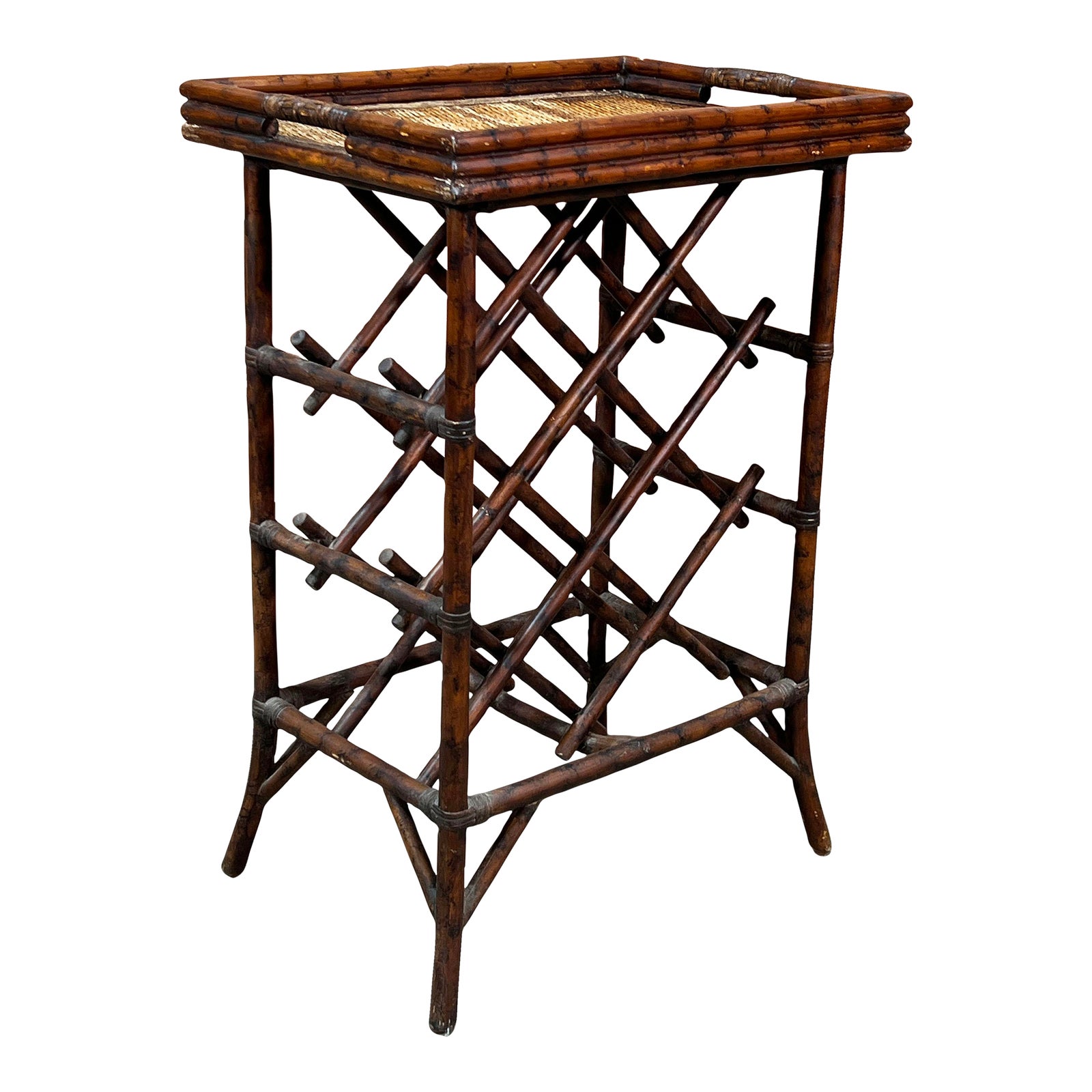 Vintage Hollywood Regency / Chinoiserie Burnt Bamboo & Rattan Wine Rack