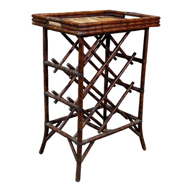 Vintage Hollywood Regency / Chinoiserie Burnt Bamboo & Rattan Wine Rack For Sale