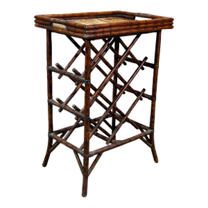 Vintage Hollywood Regency / Chinoiserie Burnt Bamboo & Rattan Wine Rack
