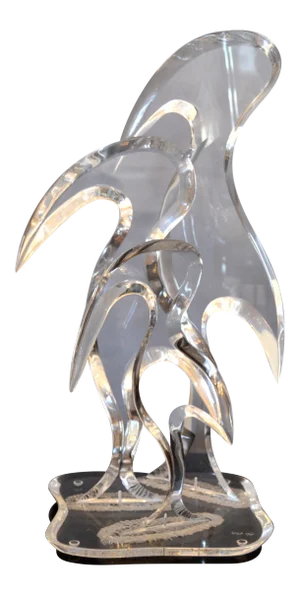 Signed Van Teal Three Stylized Birds Lucite Table Sculpture