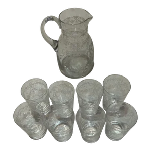1960s Cut Chrystal Fleur De Liss 8 Glasses and Pitcher