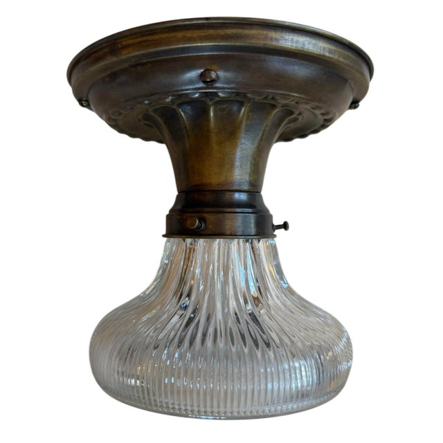 Art Deco Rare Vintage Holophane Flushmount Ceiling Light Fixture For Sale - Image 3 of 12