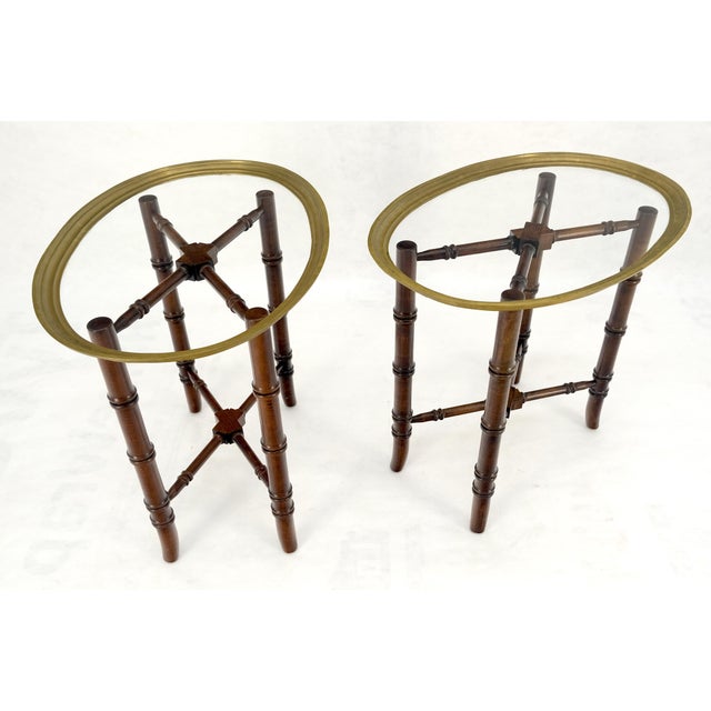 Late 20th Century Pair Oval Brass Gallery Glass Top Faux Bamboo Bases End Side Tables Stands MINT For Sale - Image 5 of 16