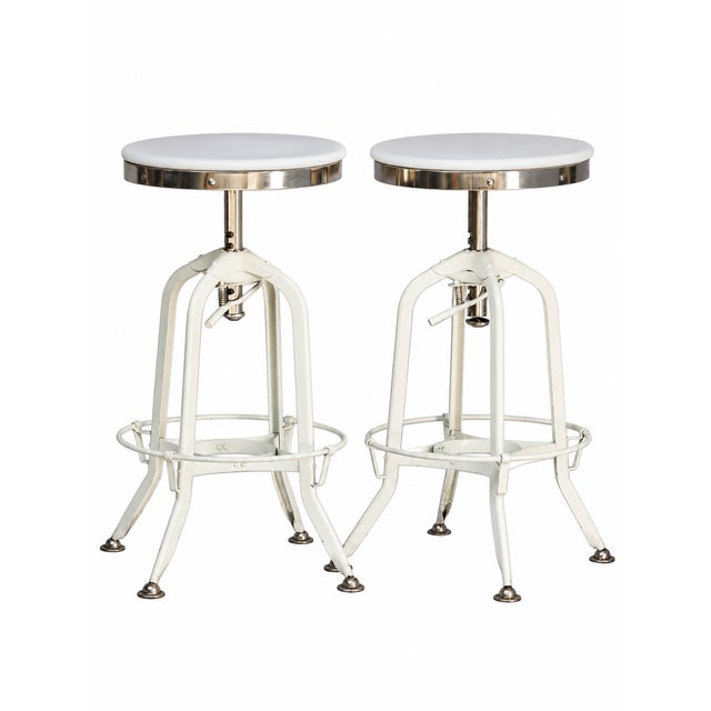 Pr. Of Vintage Restoration Hardward Adjustable White Bar Stools For Sale In Los Angeles - Image 6 of 13