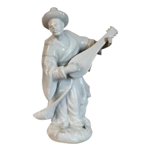 Continental Blanc De Chine White Porcelain Malabar Figure of a Chinese Musician or Mandarin Dressed in Flowing Robes and Playing the Mandolin