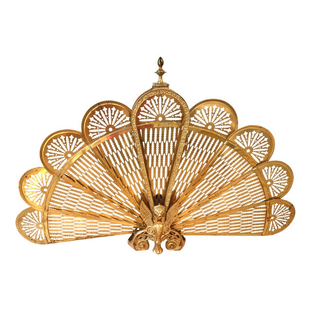 1960s Brass Peacock Folding Fireplace Screen With Winged Griffin Gargoyle Motif For Sale