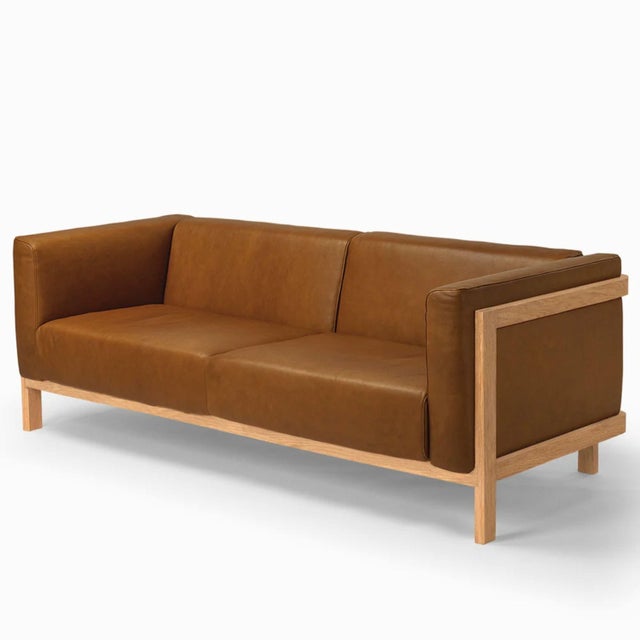 LIFT Minimalist Three-Seater Sofa in Oak Wood and Camel Leather Seat by Julien Renault For Sale - Image 12 of 12