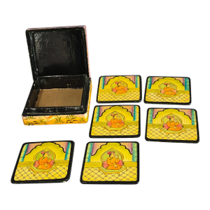 Vintage Bohemian Hand Painted Lacquer Mughal-Style Kashmiri Paper Mache Box W/6 Coasters