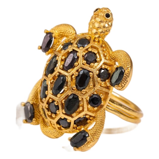Protective Turtle Black Onyx & Gold Chunky Adjustable Ring, Size 8 For Sale