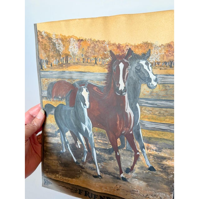 Paint 1926 Antique Original Gouache Horses Painting Titled "Friends," Signed by Juan P. Winandy For Sale - Image 7 of 8