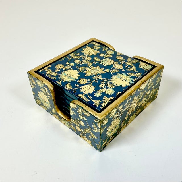 1980s Vintage Chinoiserie Boho Chic Hollywood Regency Coasters With Caddy - 7 Piece Set. For Sale - Image 4 of 10