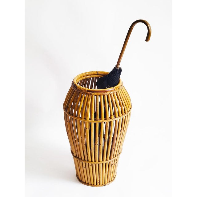 Italian bamboo basket/umbrella holder from the 1950s, attributed to Franco Albini. Modernist, minimalist, and highly...