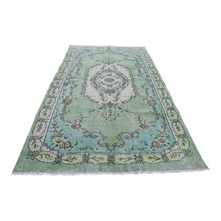 1970s Turkish Traditional Handmade Green Oushak Area Rug For Sale