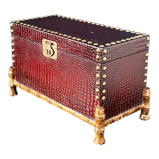Vintage Faux Crocodile Trunk Box, Brass Studded With Bamboo-Style Feet, 1970s For Sale