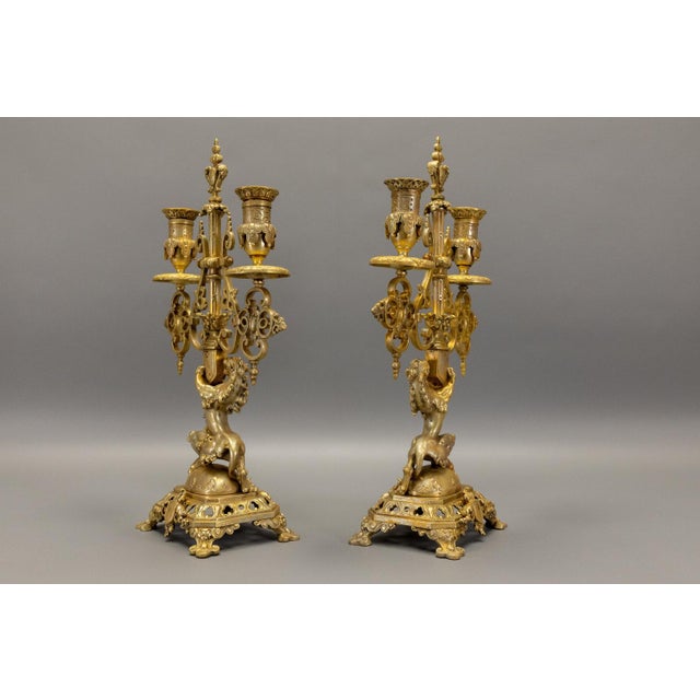 Neo-Gothic French Bronze Candelabras with Heraldic Lions, 1920s, Set of 2 For Sale - Image 13 of 18
