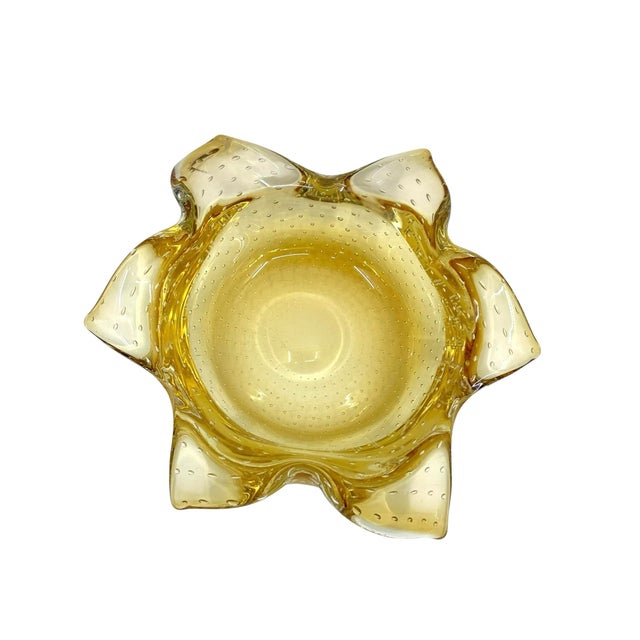 Murano Vintage Murano Bullicante Controlled Bubble Art Glass Amber Yellow Ashtray/ Catchall For Sale - Image 4 of 10