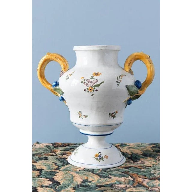 French Floral Faience Double-Handle Vase, 18th Century For Sale - Image 4 of 11