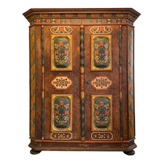 Antique Biedermeier Hand-Painted Farmhouse Cupboard with Floral Decoration For Sale