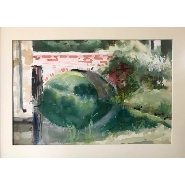 Vintage American impressionist watercolor painting of a bridge and waterway in a landscape by Harry Barton signed with the...