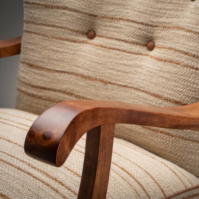 1940s Swedish Modern Arm Lounge Chairs in Linen & Birch, Pair For Sale - Image 5 of 8