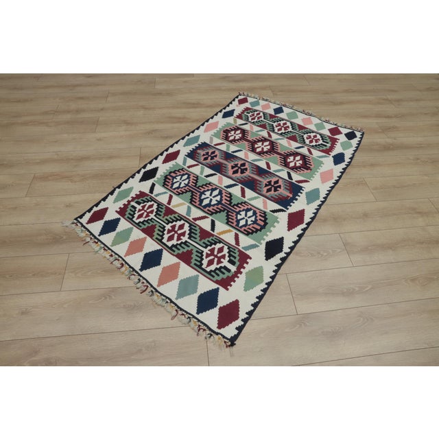 Mid-Century Modern 1960s Scandinavian Style Geometric Design Handmade Oushak Kilim Rug For Sale - Image 3 of 12