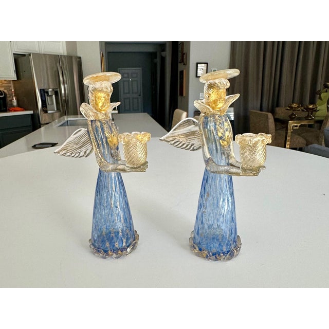Pair Murano Venetian Blue & Gold Glass Angel Candle Holders For Sale - Image 4 of 12