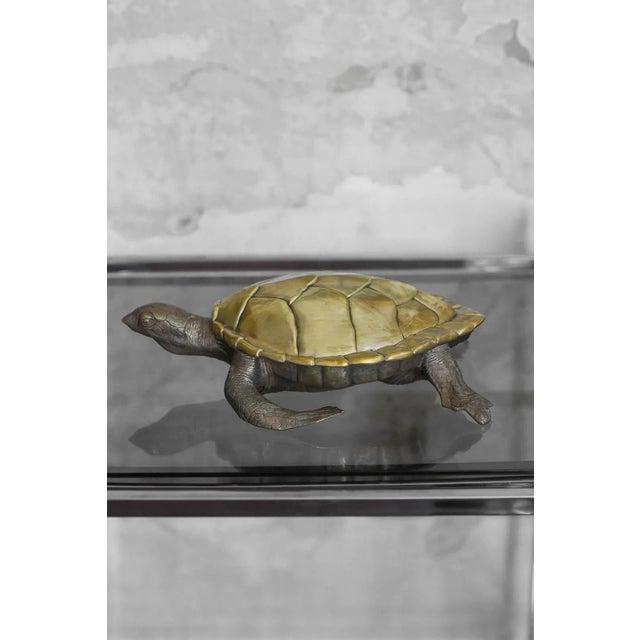 Handcrafted brass tray, made in Italy, with dimensions of 32x13x18 cm. It intricately depicts a turtle, offering an...