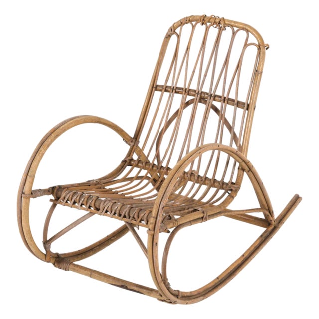Mid Century Danish Child's Bamboo & Rattan Rocking Chair For Sale