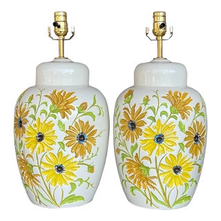 Vintage Boho Glazed Ceramic Daisy Lamps - a Pair For Sale