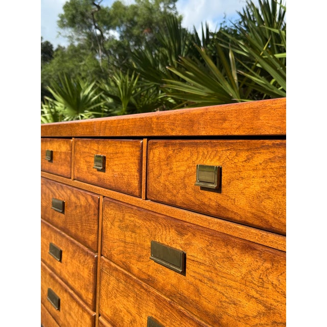 Wood Vintage Stanley Furniture Mid-Century Modern Oak Lowboy Dresser With Brass Hardware For Sale - Image 7 of 9