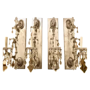 Hollywood Recency Silver Gilt Wall Scones With Crystal Set of Four