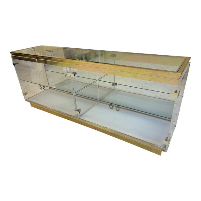 1970s Hollywood Regency Mid Century Brass and Glass Credenza For Sale