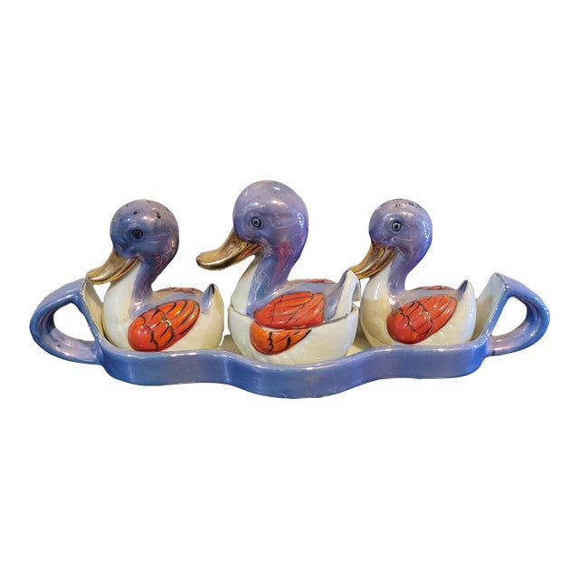 Vintage Japanese Lusterware 4 Piece Duck Condiment Set For Sale