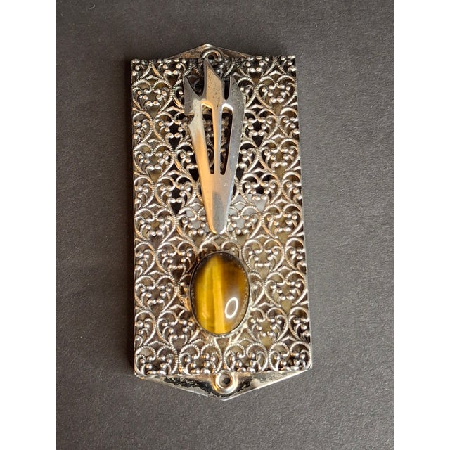 Vintage Israel Sterling Silver 925 Filigree Mezuzah Case Tiger's Eye Stone Judaica For Sale - Image 4 of 18