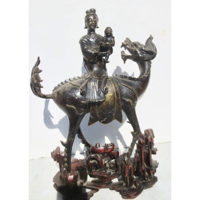 Chinese Bronze Kuan Yin Mouted on Kylin Early19th For Sale - Image 13 of 17