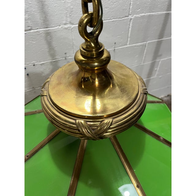 Vintage Brass & Green Glass Octagonal Three-Light Pendant Chandelier For Sale - Image 10 of 12