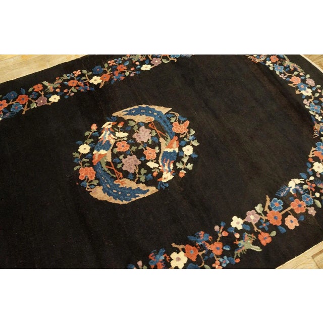 1920s 1920s Black Medallion Floral Antique Oval Chinese Art Deco Carpet 4'1" X 6'10" Wool Knotted Rug For Sale - Image 5 of 9