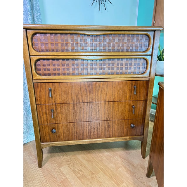 Lane Furniture 1960s Lane Perception Bedroom Set - Walnut Lowboy Dressers + Highboy Dresser Chest of Drawers For Sale - Image 4 of 12
