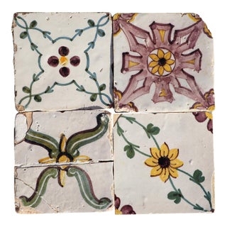 Antique 18th Century Baroque Geometric Portuguese Earthenware Tiles Set of Four For Sale