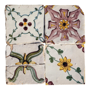 Antique 18th Century Baroque Geometric Portuguese Earthenware Tiles Set of Four