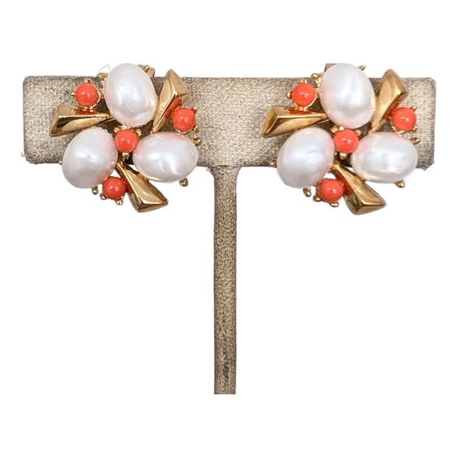 Vintage 1959 Signed Crown Trifari Faux-Pearl & Cabochon Faux-Coral Clip Earrings-2 Pieces For Sale