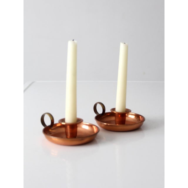 Vintage Copper and Brass Chamberstick Candlesticks Pair For Sale - Image 13 of 15