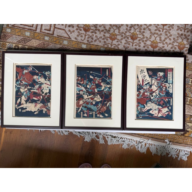 Set of three antique Japanese woodblock prints (triptych) by Tsukioka Yoshitoshi (1839–1892) titled The Difficult Battle...